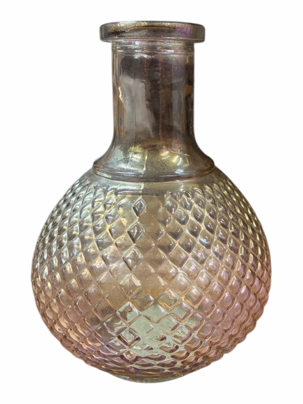 Vintage Pink Iridescent Diamond Ribbed Glass Vase H-5.91”, W-4.25”